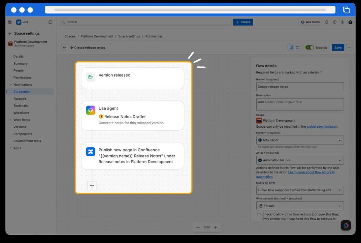 An Atlassian Rovo automation that drafts release notes when a version is released and publishes them to Confluence.
