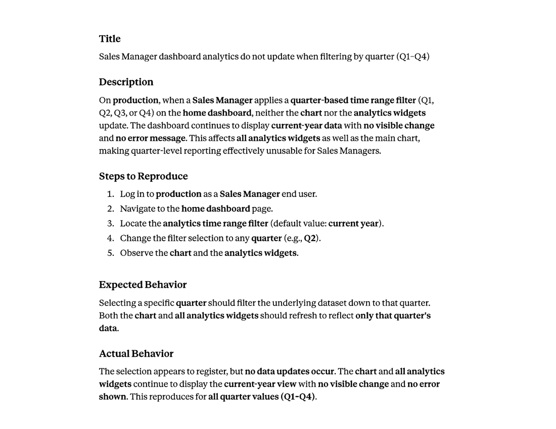 The polished defect ticket the AI produced: title, description, steps to reproduce, expected and actual behavior.